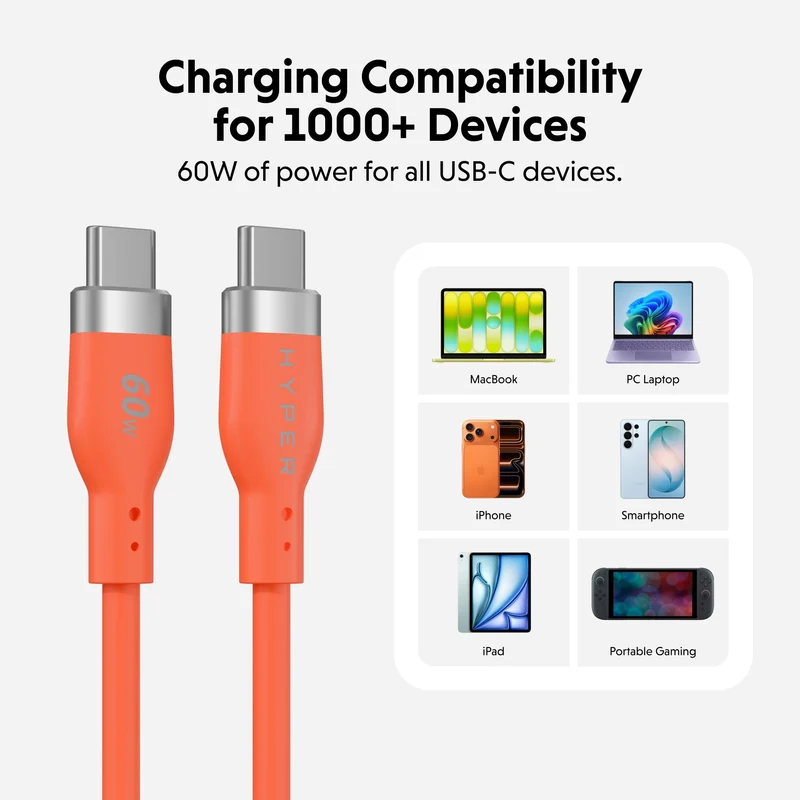 HyperJuice Flex USB-C-Ladekabel aus Silikon – Orange