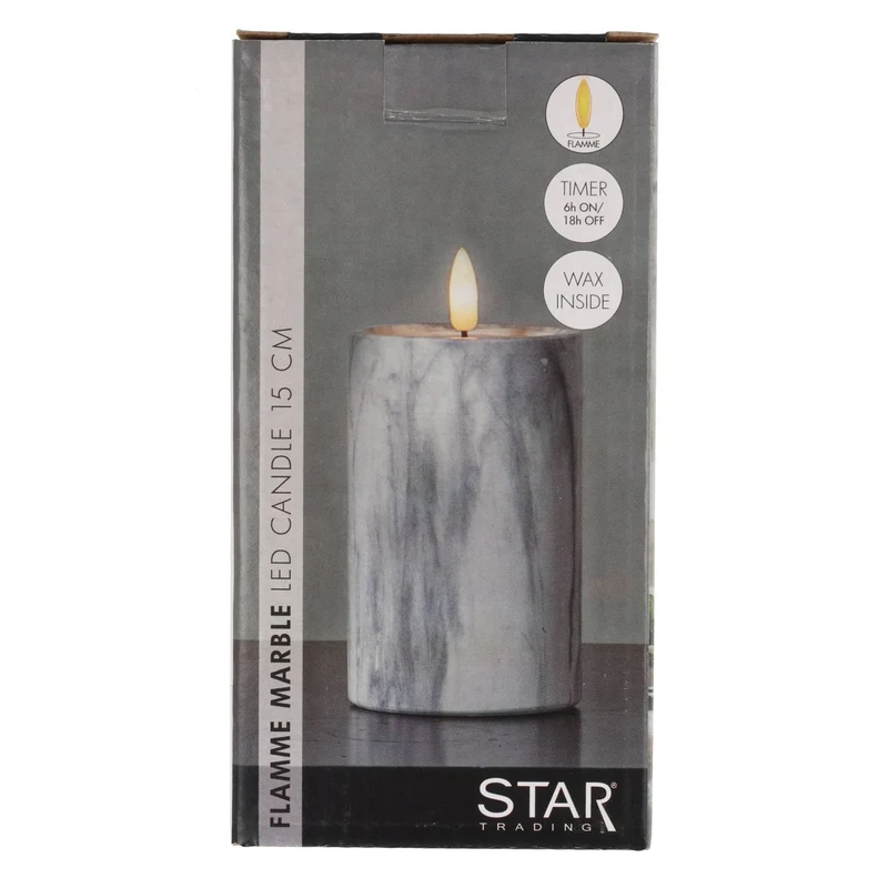 Star Trading LED-Kerze mit Marmorstruktur und warmweißer Flacker-LED, Timer-Funktion, batteriebetrieben, Höhe 15cm