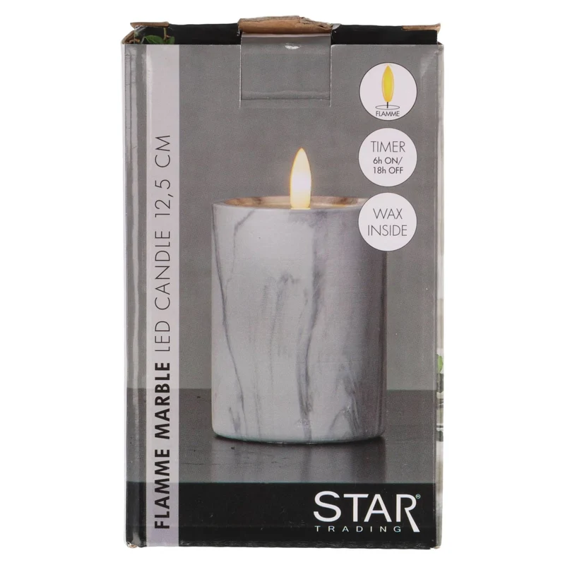 Star Trading LED-Kerze mit Marmorstruktur und warmweißer Flacker-LED, Timer-Funktion, batteriebetrieben, Höhe 12,5cm