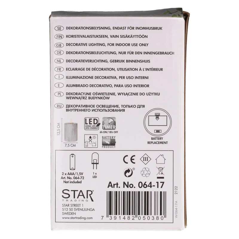 Star Trading LED-Kerze mit Marmorstruktur und warmweißer Flacker-LED, Timer-Funktion, batteriebetrieben, Höhe 12,5cm