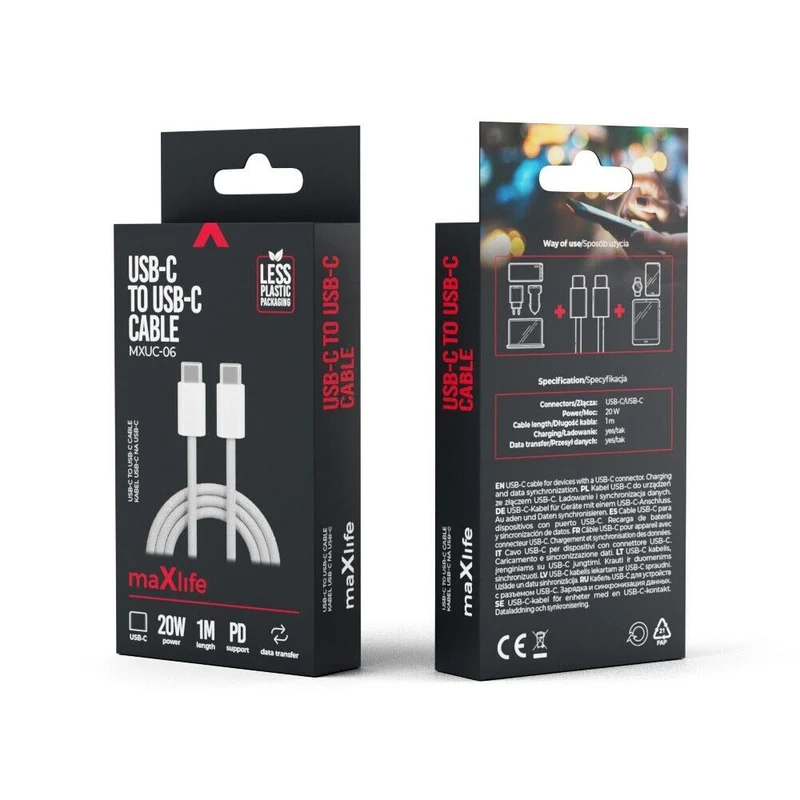 Maxlife MXUC-06 USB-C zu USB-C Kabel 1,0m Grau Nylon 20W
