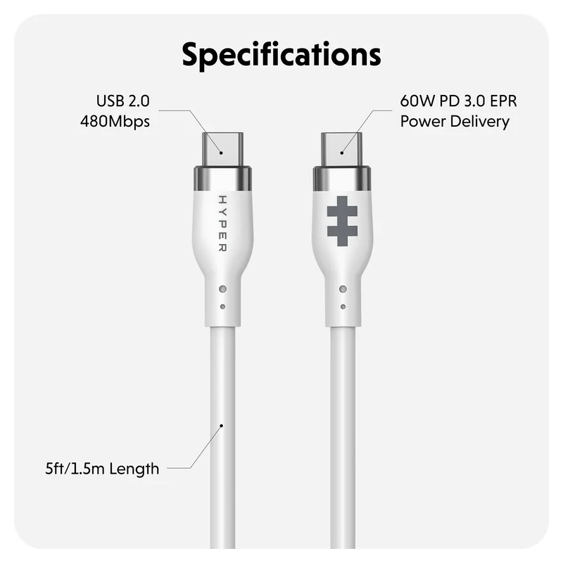 HyperJuice USB-C Silikon-Ladekabel (1.5m/5ft) - Weiß