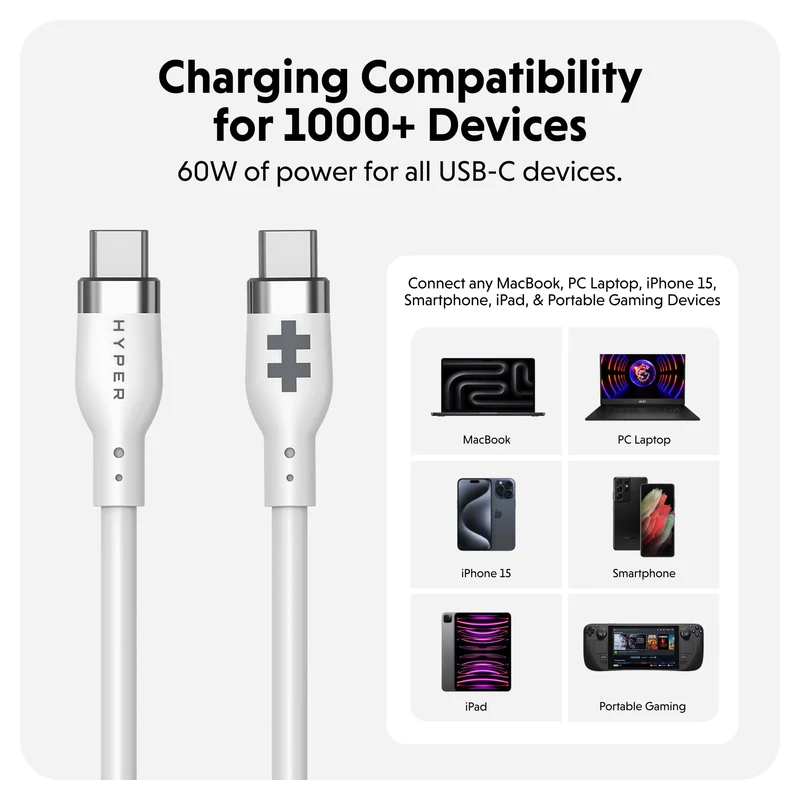 HyperJuice USB-C Silikon-Ladekabel (1.5m/5ft) - Weiß