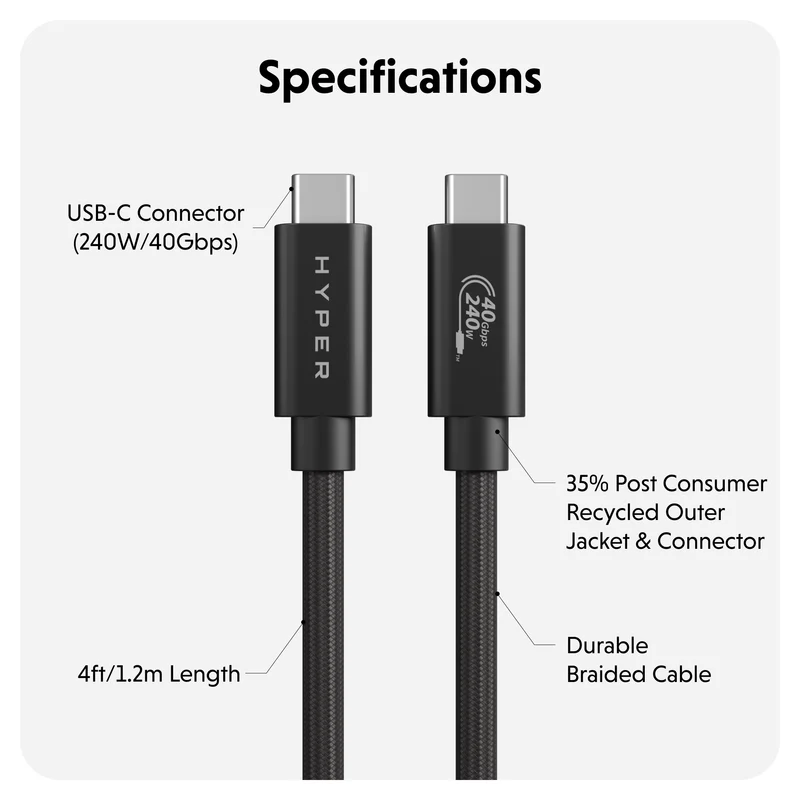 HyperDrive Next USB4 Typ-C Performance Kabel (1.2m/4ft) - Schwarz