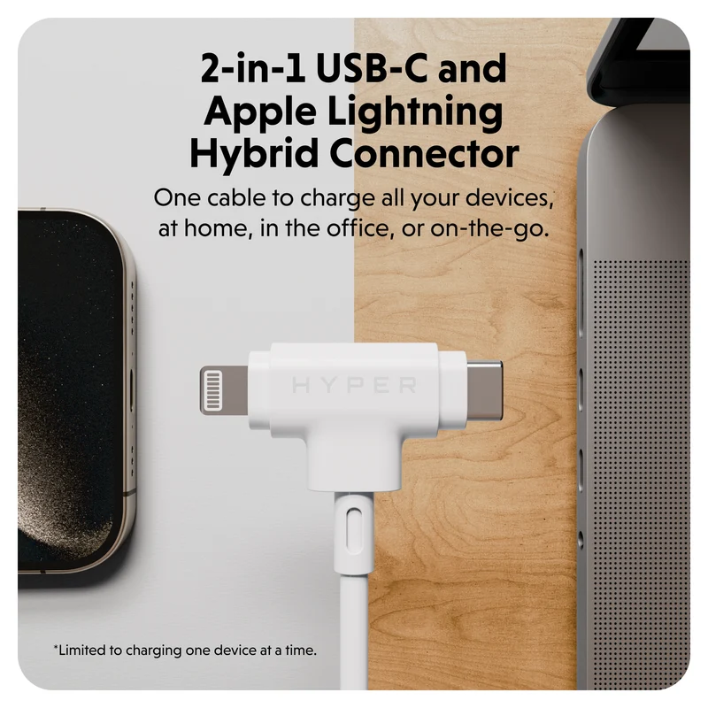 HyperJuice USB-C und Lightning Hybrid-Silikonkabel (1,5m) - Weiß