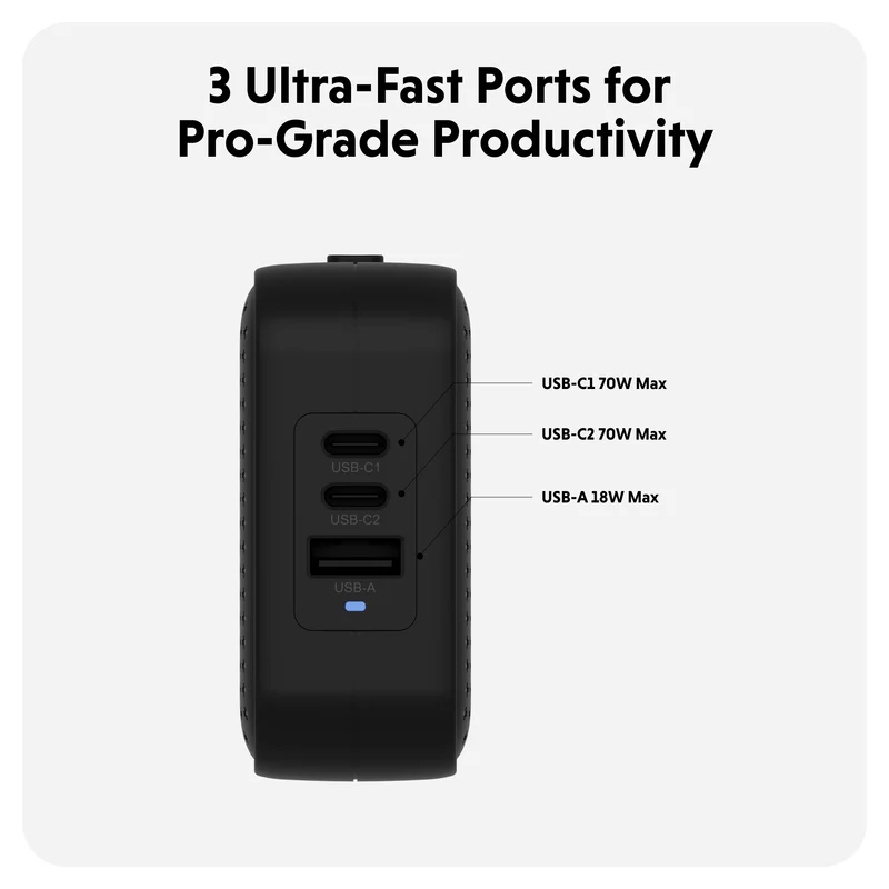 HyperJuice® 70 W USB-C GaN-Reiseladegerät mit Sicherheitsprüfung – Schwarz