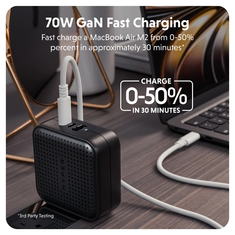 HyperJuice® 70 W USB-C GaN-Reiseladegerät mit Sicherheitsprüfung – Schwarz