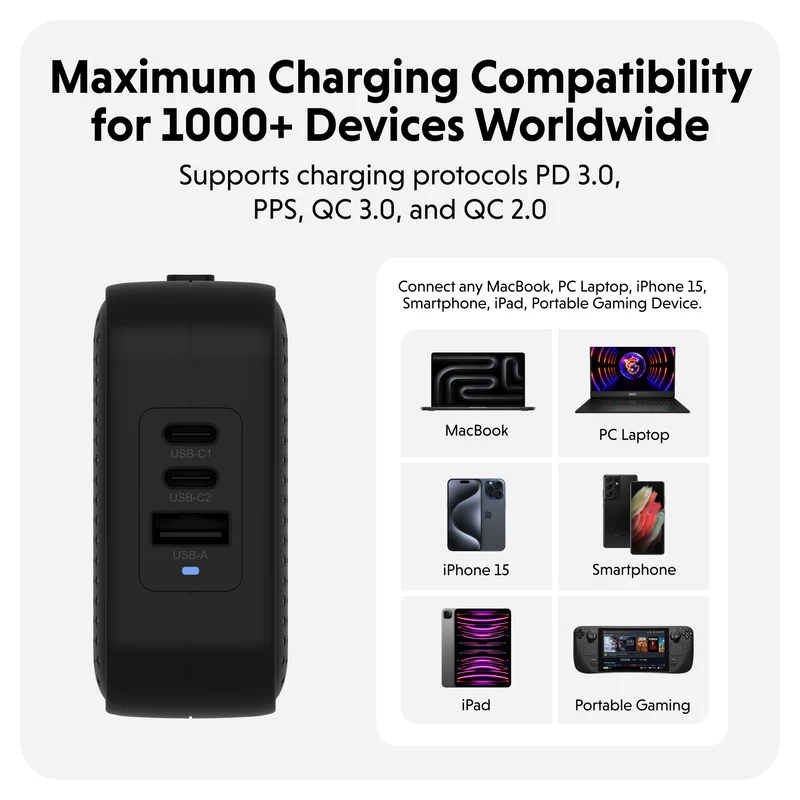 HyperJuice® 70 W USB-C GaN-Reiseladegerät mit Sicherheitsprüfung – Schwarz