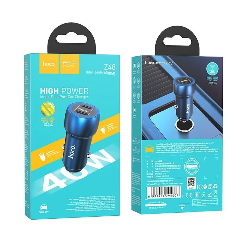 HOCO Autoladegerät 2x Typ C PD QC3.0 3A 40W Z48 blau
