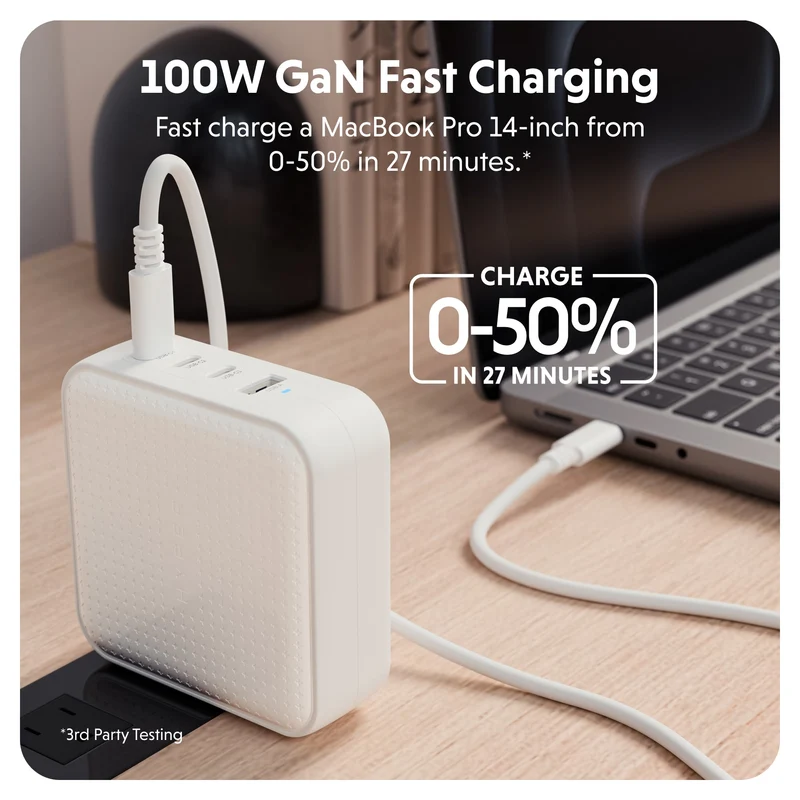 HyperJuice® 100 W USB-C GaN-Reiseladegerät mit Sicherheitsprüfung – Weiß