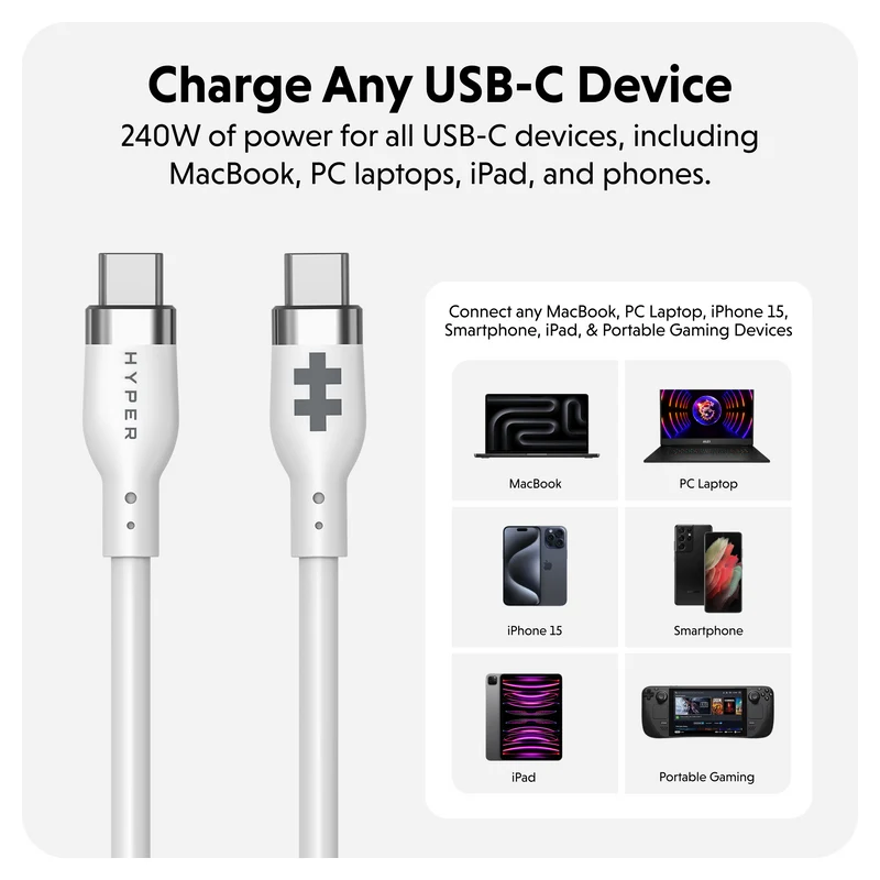 HyperJuice 240W Silikon USB-C zu USB-C Kabel (3ft/1m) - Weiß