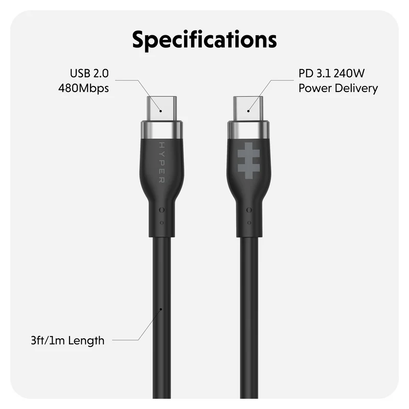 HyperJuice 240W Silikon USB-C zu USB-C Kabel (3ft/1m) - Schwarz