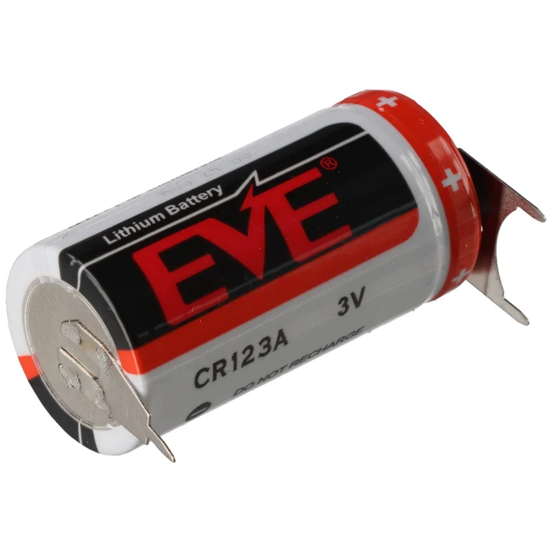 AccuCell CR123A Batterie mit 3er Printanschluss 2er Print + 1er Print - Kontakten, Spannung 3 Volt Rastermaß 7mm