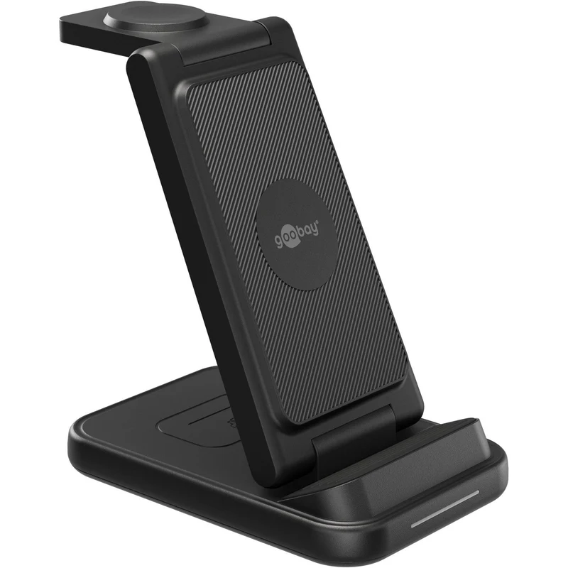 Goobay Kabelloses 3in1-Ladegerät für Smartphone, Smartwatch und Kopfhörer, Qi-kompatibel, einklappbar