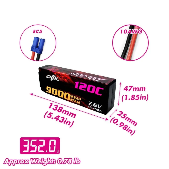 CNHL Racing Series LiHV 9000mAh 7,6V 2S 120C HV Hartschalen-LiPo-Akku mit EC5-Stecker