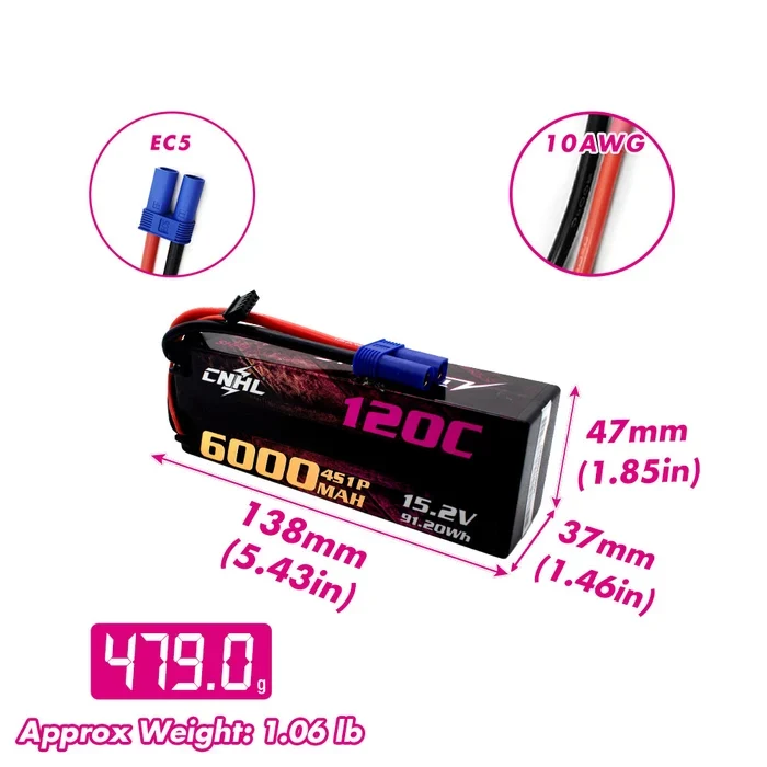 CNHL Ultra-Thin Racing Series LiHV 6000mAh 15,2V 4S 120C Hartschalen-LiPo-Akku mit EC5-Stecker