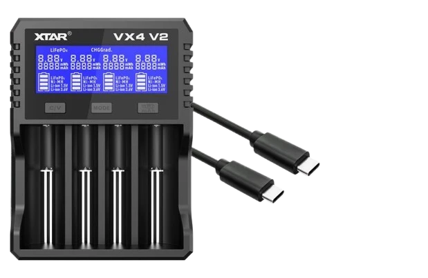 XTAR VX4 V2 Schnell-Ladegerät für 1,5V Li-Ion, 3,6-3,7V Li-Ion, 3,2V LiFePO4, 1,2V NiMH Akkus, 4 Ladeschächte, mit Kapazitätstester