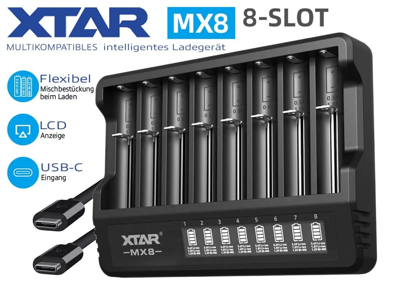 XTAR MX8 8-fach Ladegerät für 1,5V Li-Ion, 3,6-3,7V Li-Ion, 1,2V NiMH Akkus, USB-C-Stromversorgung
