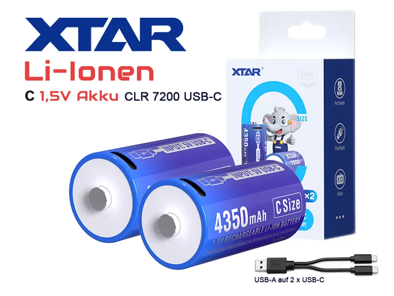 XTAR C, LR14 L14 Mono CLR 7200 USB-C 1,5 V Akku – 4350 mAh (LR14, L14, Baby) inkl. Y-Kabel (2 St.)