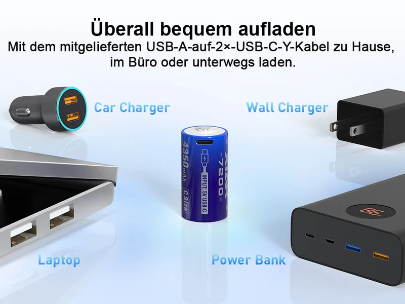 XTAR C, LR14 L14 Mono CLR 7200 USB-C 1,5 V Akku – 4350 mAh (LR14, L14, Baby) inkl. Y-Kabel (2 St.)