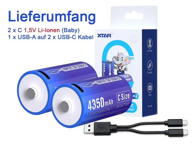 XTAR C, LR14 L14 Mono CLR 7200 USB-C 1,5 V Akku – 4350 mAh (LR14, L14, Baby) inkl. Y-Kabel (2 St.)