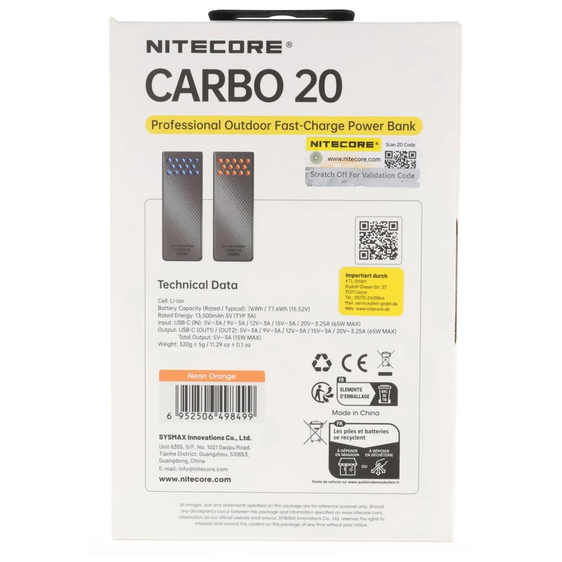 Nitecore Powerbank CARBO20, Kapazität 20.000mAh, professionelle Outdoor Powerbank, max. 65 Watt, Kohlefasergehäuse