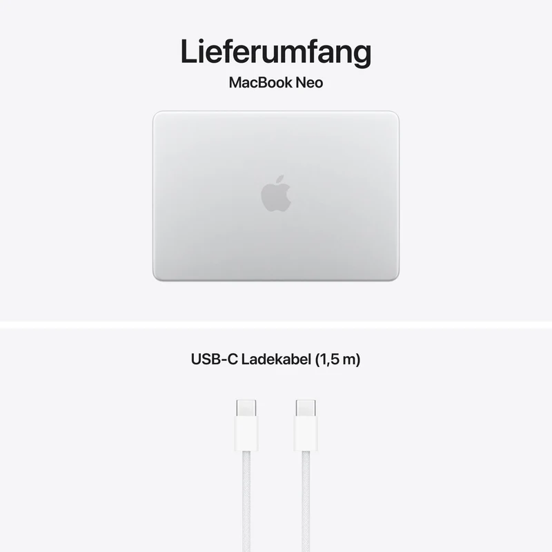 MacBook Neo 13 Zoll mit A18 Pro chip, 6-core CPU und 5-core GPU, 8GB, 512GB SSD, Touch ID, Silber