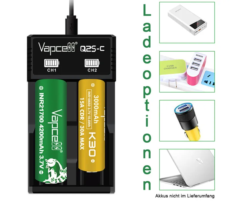 Vapcell Q2S-C USB-C Ladegerät – 2 unabhängige Schächte, 2×1A Ladestrom