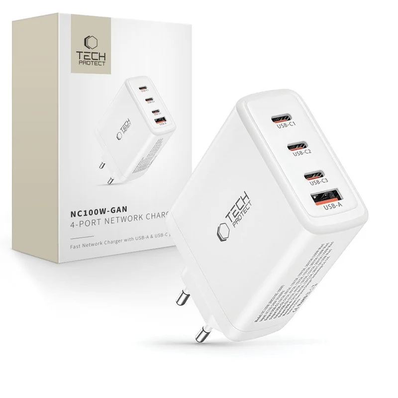 Tech-Protect 100W Multiport Schnell-Ladegerät für MacBook Air/Pro, IPhone und iPad - weiß