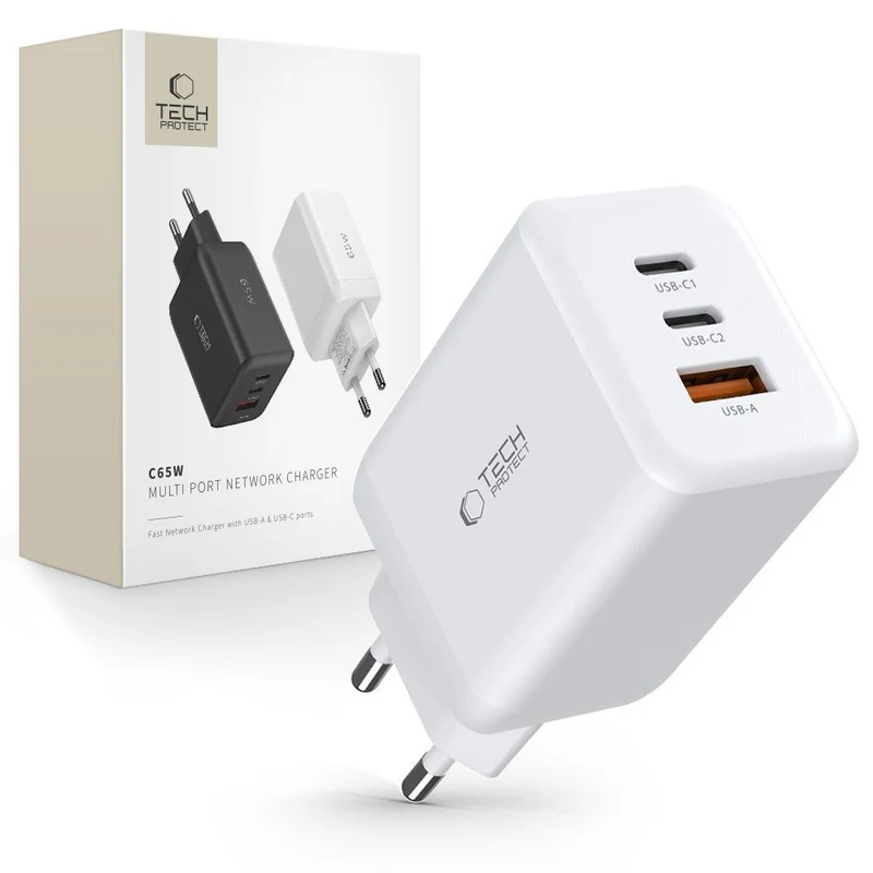 Tech-Protect 65W Multiport Standard-Ladegerät für MacBook Air/Pro, iPhone und iPad - weiß