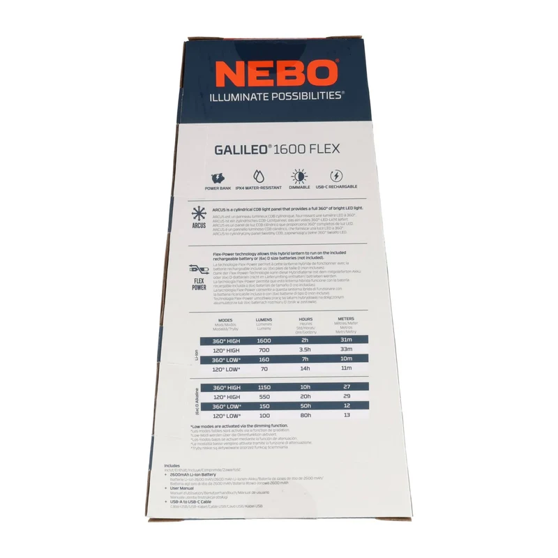 Nebo GALILEO™ 1600 Flex Laterne, 1x 18650 Lithium-Ionen-Akku (3,7 V mit 2.600 mAh), 1600 Lumen, Reichweite 21 Meter