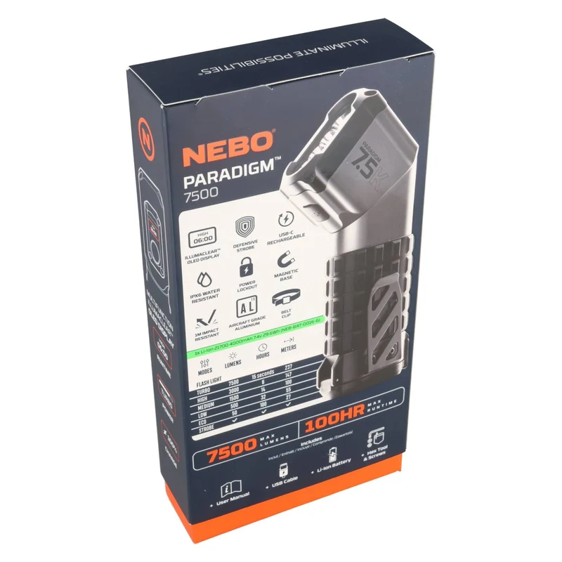 NEBO PARADIGM 7500, Taschenlampe, 7500 Lumen, Leuchtweite 237 Meter, 4000mAh Lithium-Ionen, 7,4 Volt, Schwarz