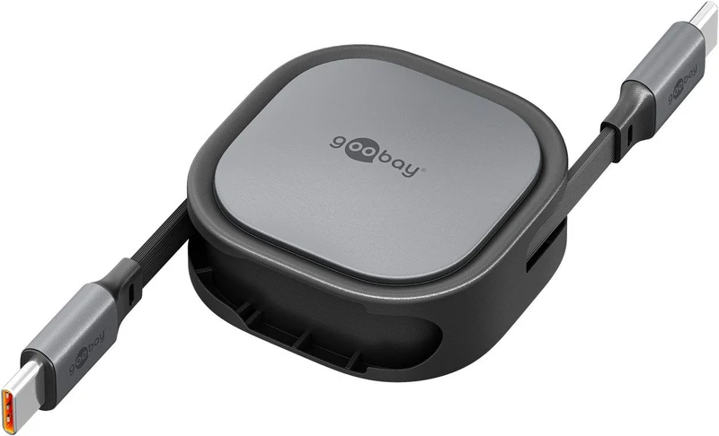 Goobay Selbstaufrollendes USB-C-Kabel in robuster Gehäusebox, 15 W, ultrakompakt und leicht, Kabellänge 1 Meter, schwarz