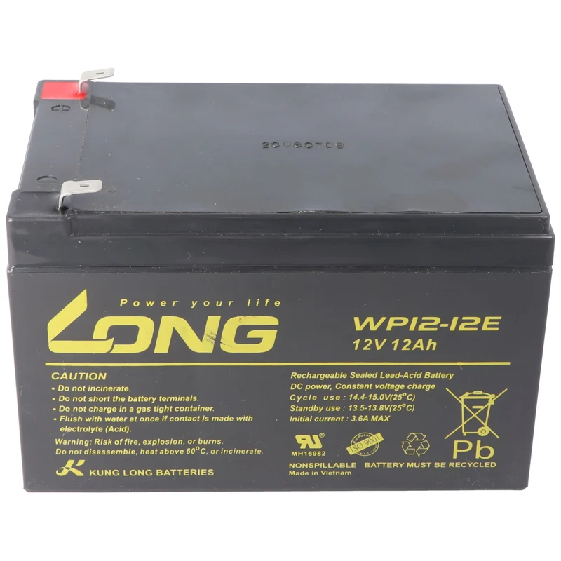 Kung Long WP12-12E F2 Zyklenfest Blei-Vlies-Akku, 12Volt, 12Ah mit 6,3mm Faston Anschluss