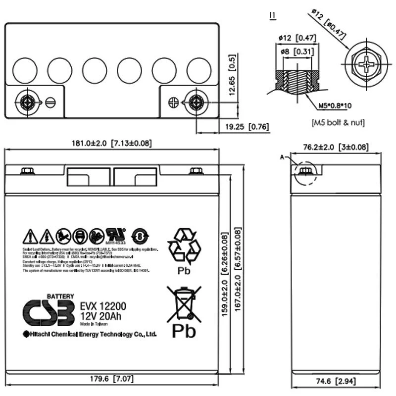 CSB-EVX12200 12 Volt AGM Bleiakku 20Ah, 181x76,2x167mm, zyklenfest, M5 Innengewinde
