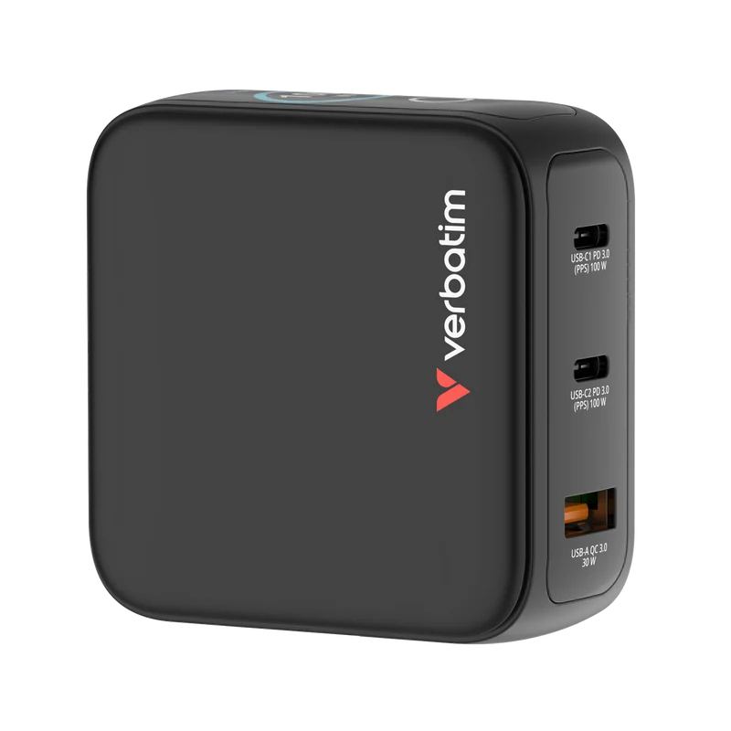 Verbatim Ladeadapter, Mini GaN mit Display, 100W, schwarz 1x USB-A QC, 2x USB-C PD3.0, Retail