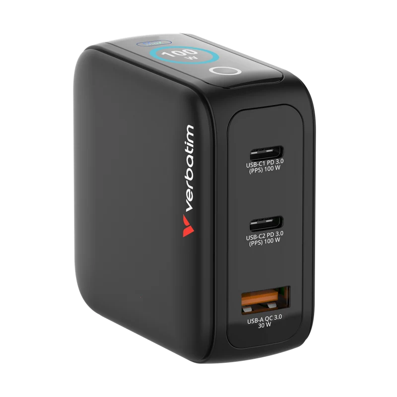 Verbatim Ladeadapter, Mini GaN mit Display, 100W, schwarz 1x USB-A QC, 2x USB-C PD3.0, Retail