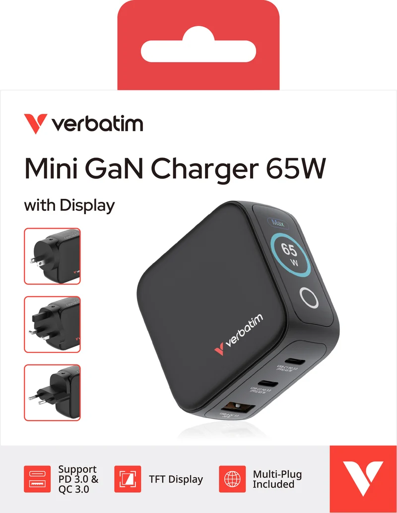 Verbatim Ladeadapter, Mini GaN mit Display, 65W, schwarz 1x USB-A QC, 2x USB-C PD3.0, Retail
