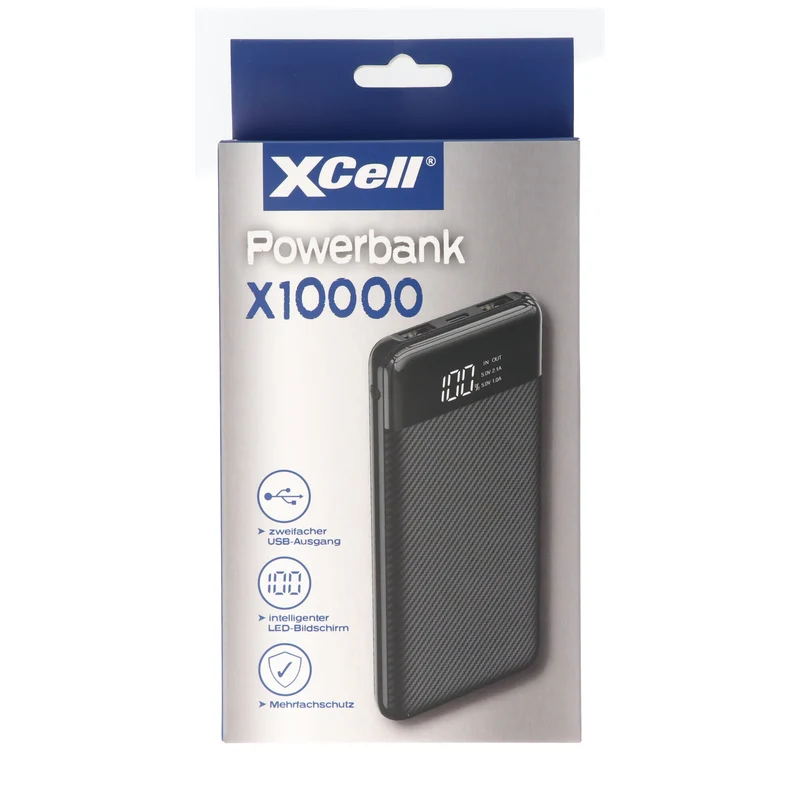 XCell Powerbank X10000 mit 10.000mAh Kapazität, schlankes Design, LED-Display, zweifacher USB-Ausgang, USB-C Ladeport