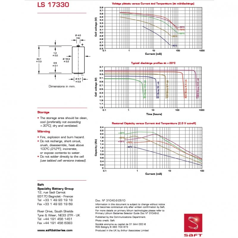Saft Lithium LS-17330 3,6 V 2,1 Ah mit U-Lötfahne