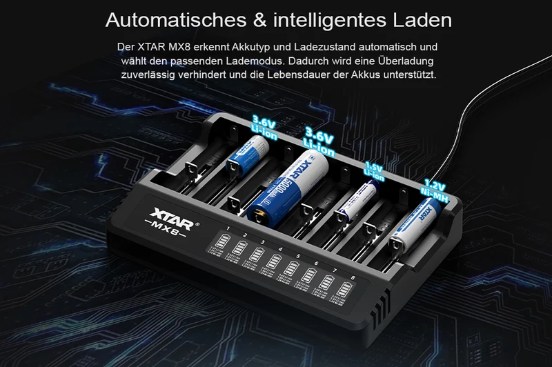 Xtar MX8 – Universelles Ladegerät für 1,5V; 3,6 - 3,7V Li-Ion & 1,2V Ni-MH Akkus