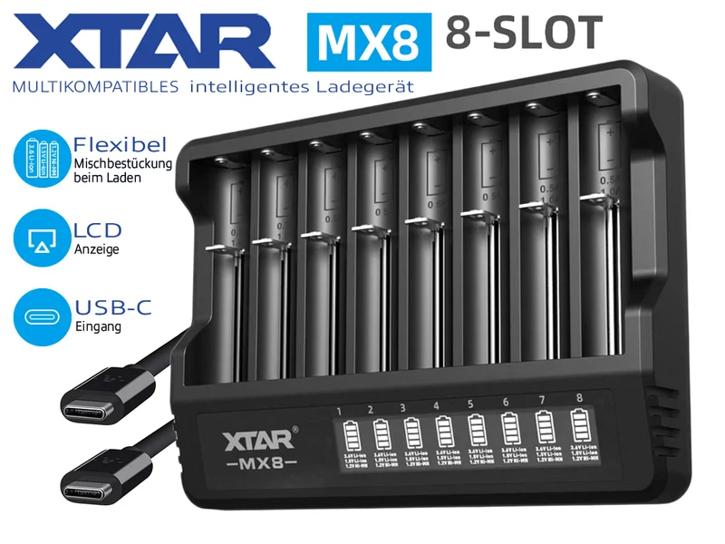 Xtar MX8 – Universelles Ladegerät für 1,5V; 3,6 - 3,7V Li-Ion & 1,2V Ni-MH Akkus