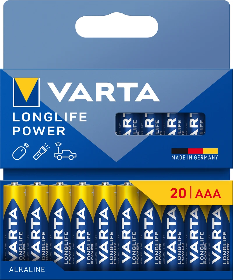 Varta Batterie Alkaline, Micro, AAA, LR03, 1.5V Longlife Power, Retail Blister (20-Pack)
