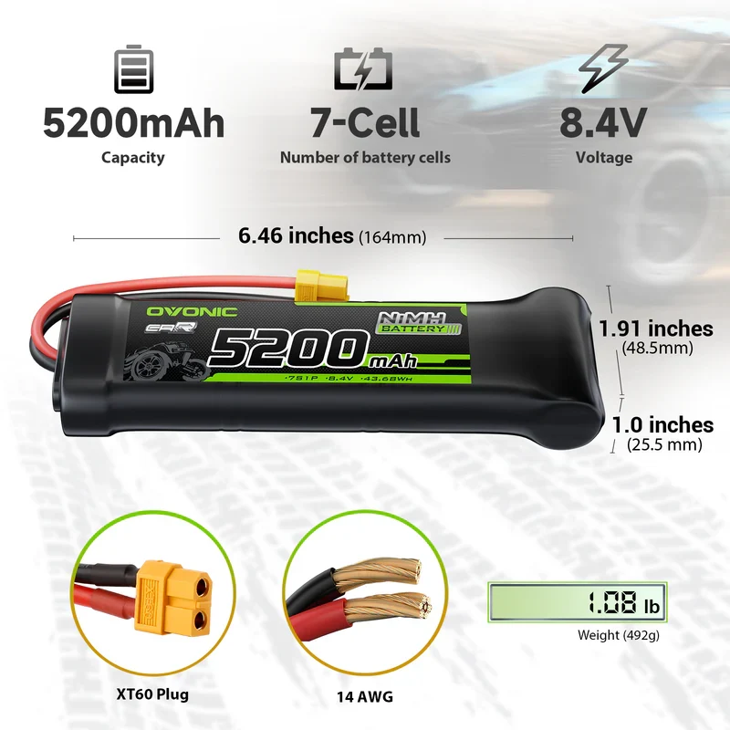 OVONIC 8,4 V 5200 mAh NiMH-Akkupack 7-Zellen flach mit XT60- und TRX-Stecker ( 2 St.)