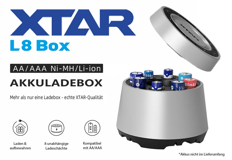 Xtar L8 Box– Ladegerät für Li-Ion 1,5V und Ni/MH 1,2V Akkus AA/AAA