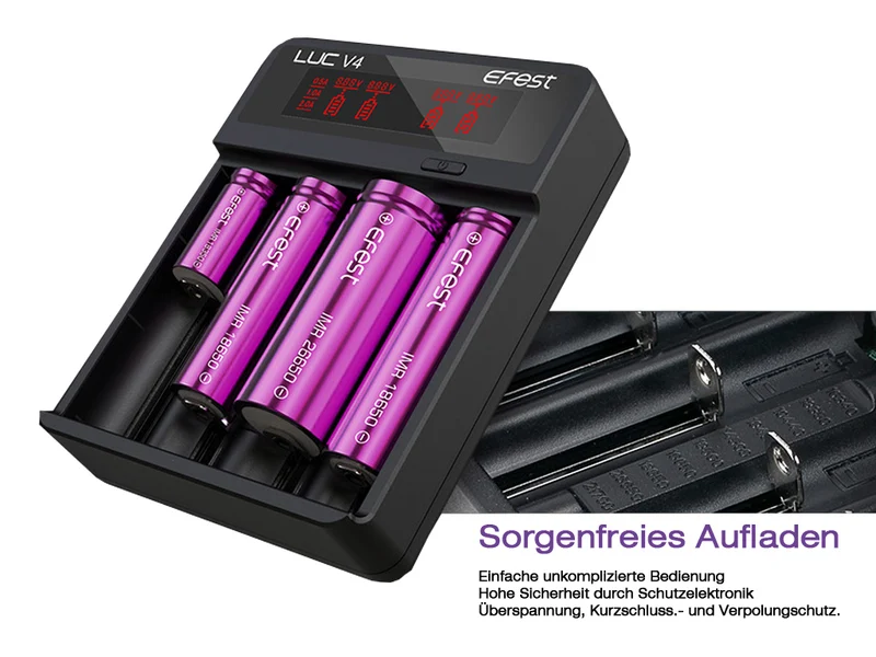 Efest LUC V4 USB-C Ladegerät für Li-Ionen Akkus 3,6V - 3,7V | 4 Slots LCD | 0,5A / 1A / 2A
