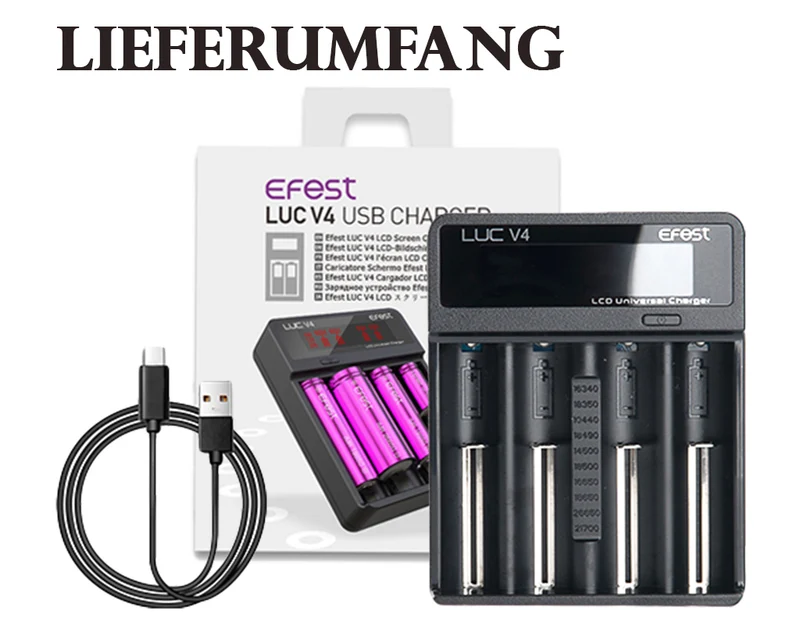Efest LUC V4 USB-C Ladegerät für Li-Ionen Akkus 3,6V - 3,7V | 4 Slots LCD | 0,5A / 1A / 2A