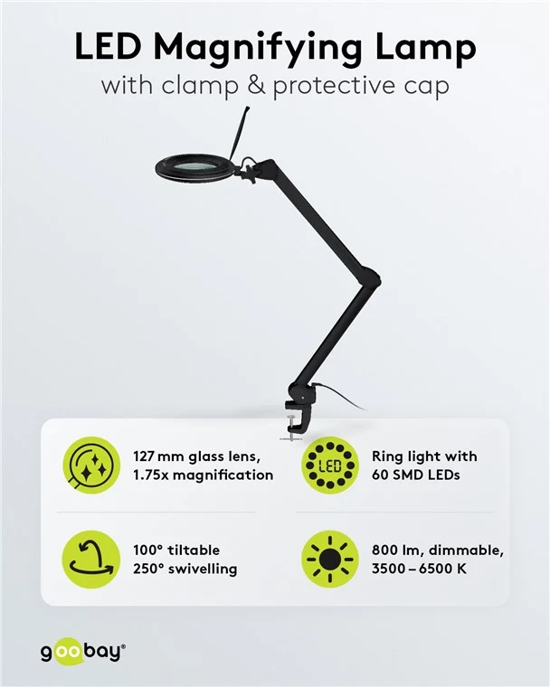 Goobay LED-Klemm-Lupenleuchte, 10 W, schwarz - 800 lm, Helligkeit & Lichtfarbe einstellbar, 127 mm Glaslinse, 1,75-fache Vergrößerung, 3 Dioptrien