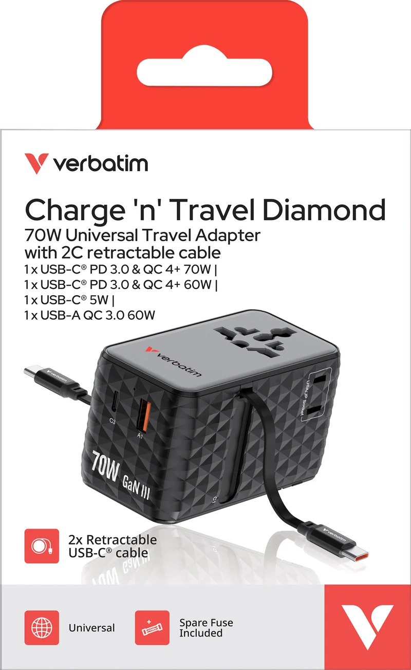 Verbatim Ladeadapter, Charge'n'Travel, GaN III, 70W, 2x USB-C Kabel integriert 1x USB-A QC, 3x USB-C PD, 100-250V, Retail