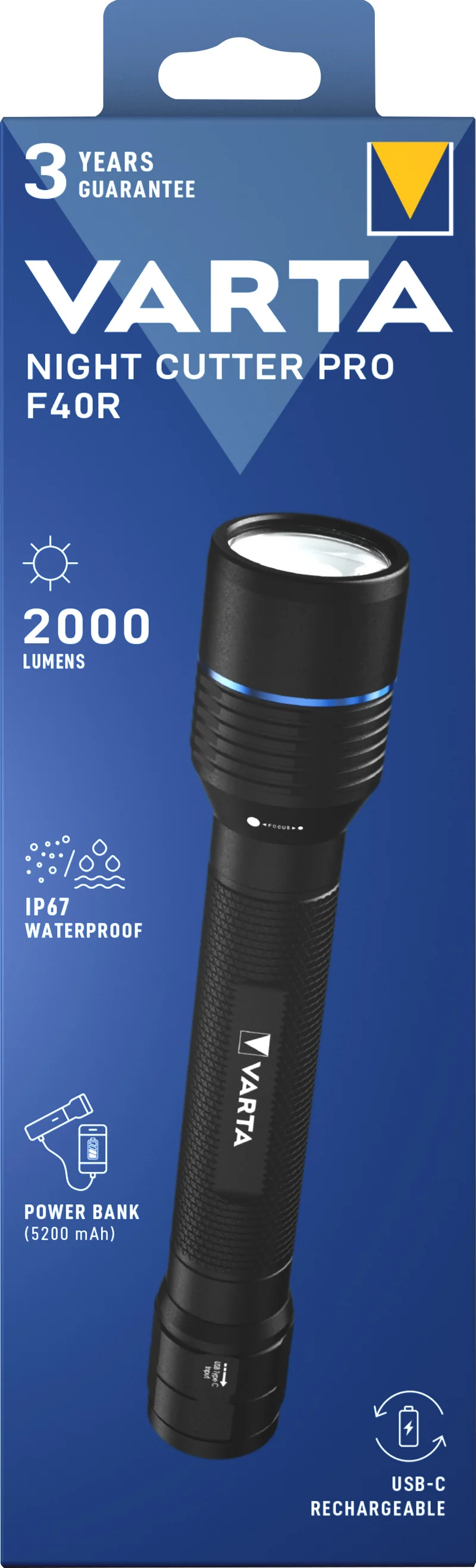 Varta LED Taschenlampe Night Cutter Pro F40R 2000lm, inkl. 2x Lithium-Ionen Akku, Retail